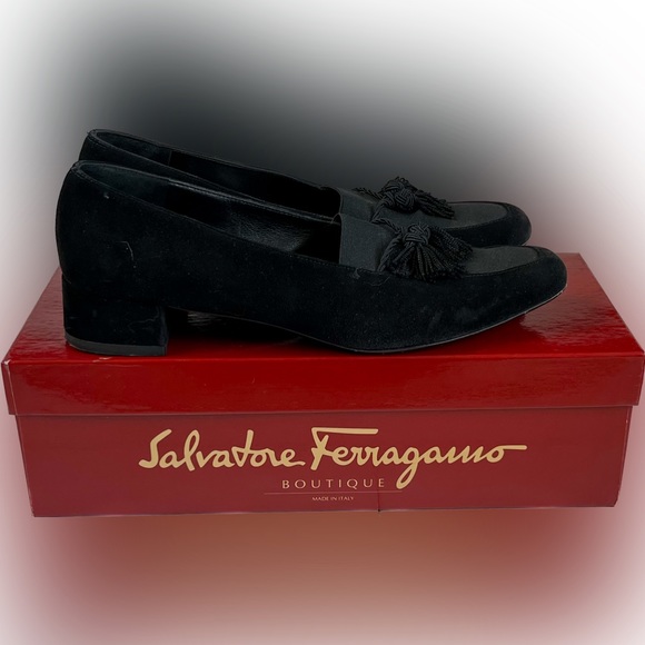Salvatore Ferragamo Black Suede Poker Loafers WITH BOX 7B - Picture 1 of 10